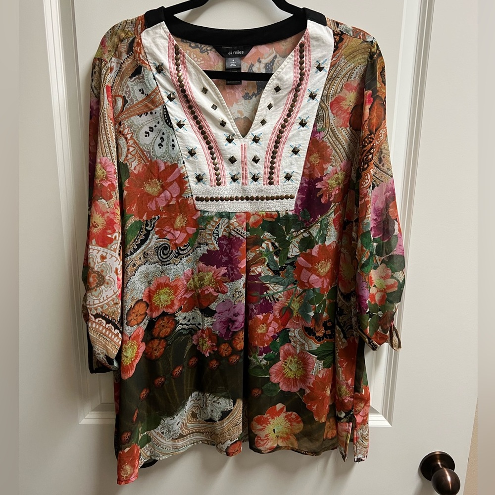 Ali Miles Plus Size Embroidered Floral Paisley Sheer Blouse size 1X
